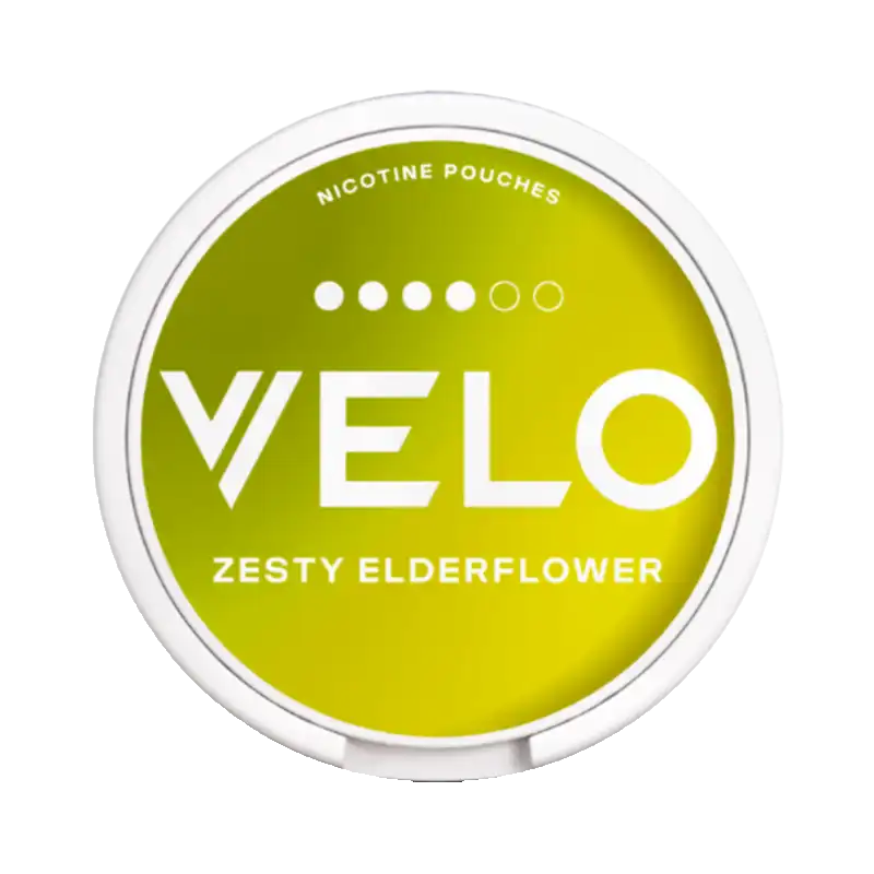 VELO Zesty Elderflower nicotine pouch in bright yellow design with floral citrus theme.