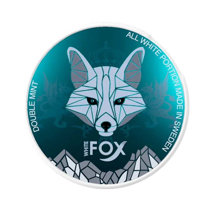 White Fox Double Mint nicotine pouch with geometric arctic fox on teal-blue can