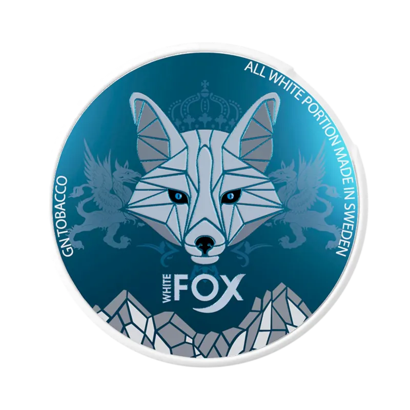 White Fox Original nicotine pouch can with icy blue geometric fox design