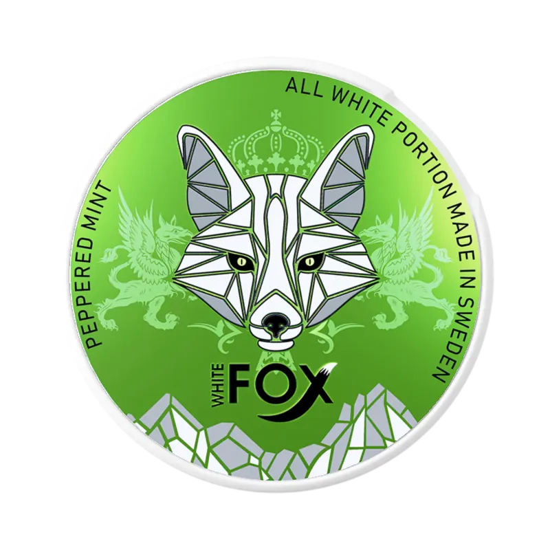 White Fox Peppered Mint nicotine pouch in vivid green can with sharp mint flavor and geometric fox design