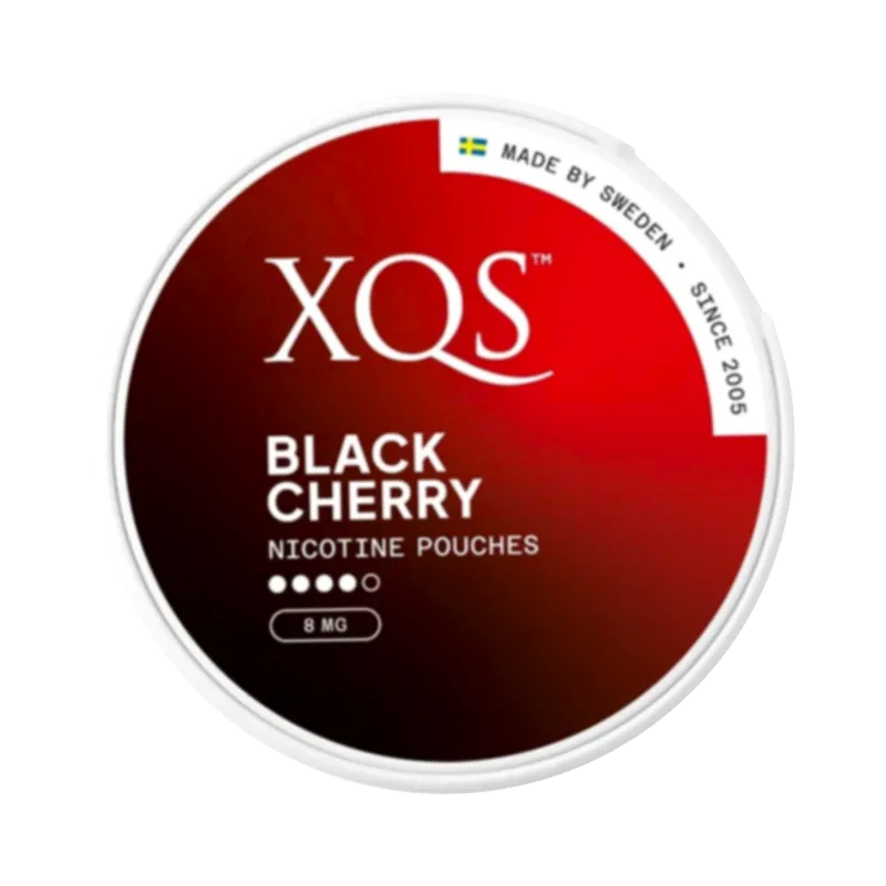 Front view of XQS Black Cherry nicotine pouch – 8mg strength with fresh black cherry flavor.