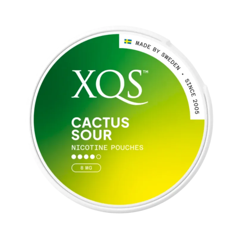 Front view of XQS Cactus Sour nicotine pouch - 8mg strength with sour tangy cactus note and citrus flavor.