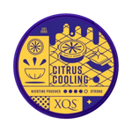 Front view of XQS Citrus Cooling Strong nicotine pouch - 8mg strength with sweet  icy citrus flavor.