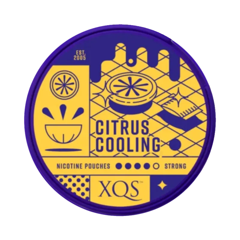 Front view of XQS Citrus Cooling Strong nicotine pouch - 8mg strength with sweet  icy citrus flavor.
