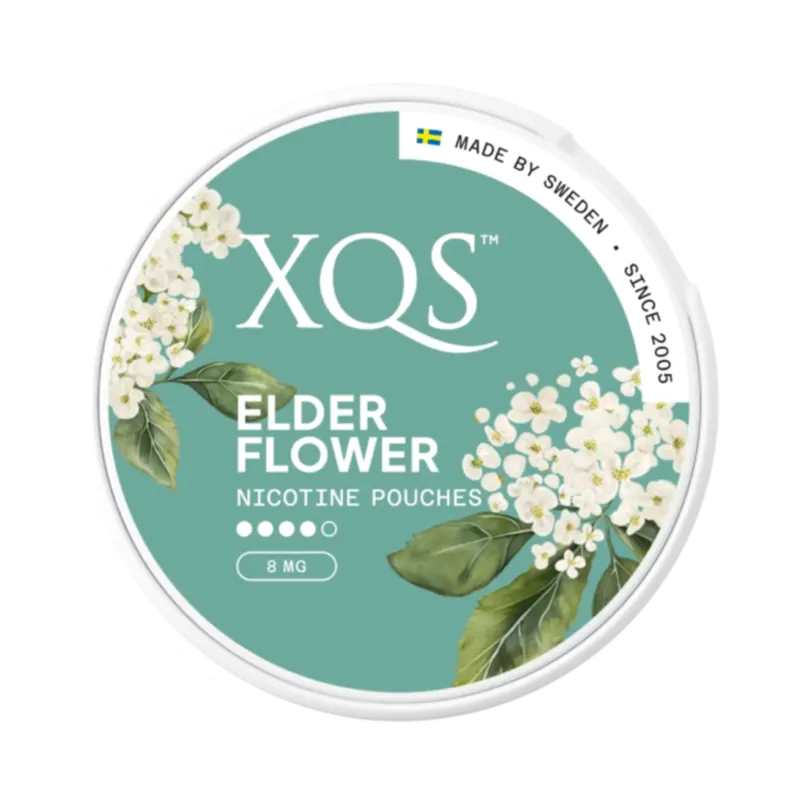 Front view of XQS Elderflower nicotine pouch – 8mg strength with cooling sweet floral flavor.