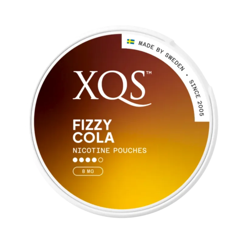 Front view of XQS Fizzy Cola nicotine pouch - 8mg strength with cola flavor.