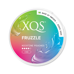Front view of XQS Fruzzle nicotine pouch - 8mg strength with sweet mixed fruity flavor.