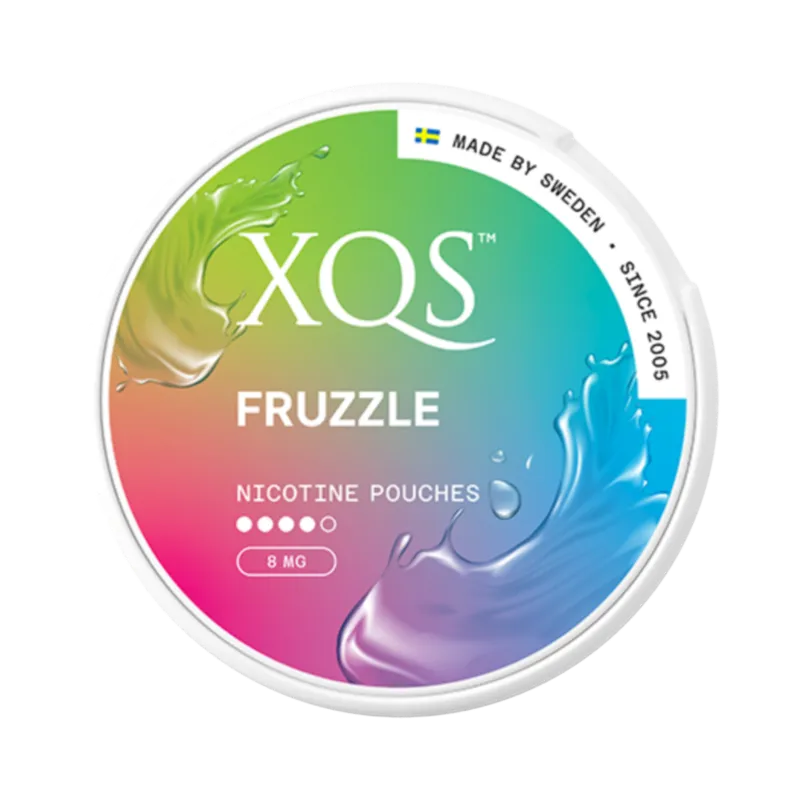 Front view of XQS Fruzzle nicotine pouch - 8mg strength with sweet mixed fruity flavor.