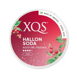 Front view of XQS Hallon Soda nicotine pouch - 8mg strength with fizzy sweet hallon raspberry flavor.