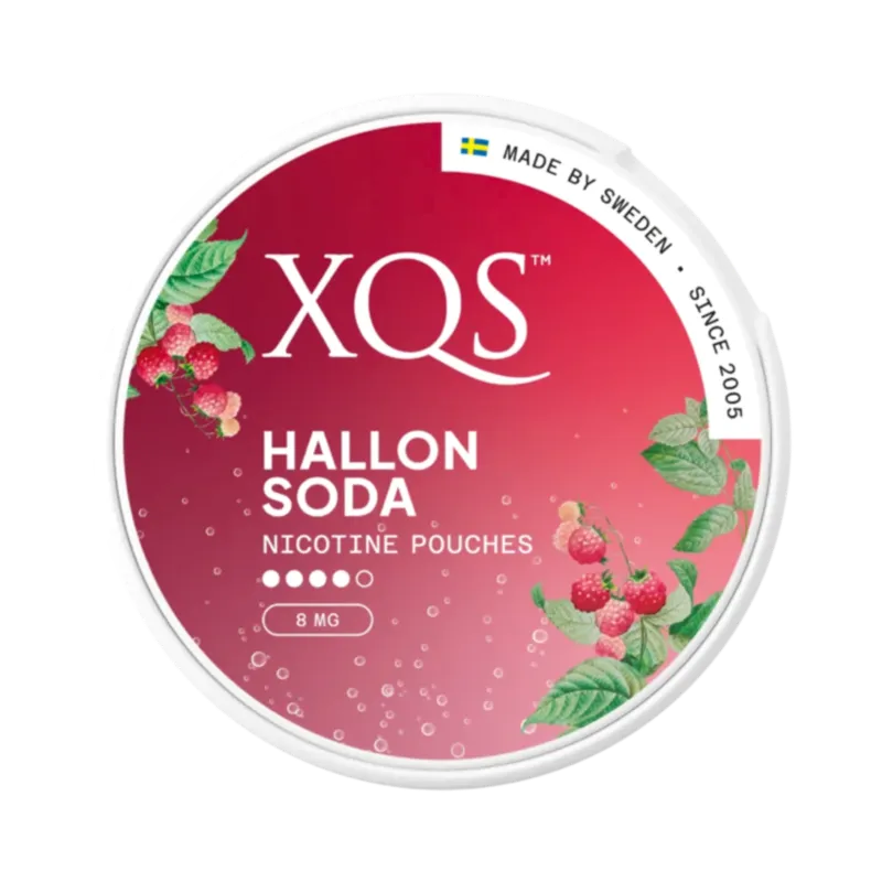 Front view of XQS Hallon Soda nicotine pouch - 8mg strength with fizzy sweet hallon raspberry flavor.