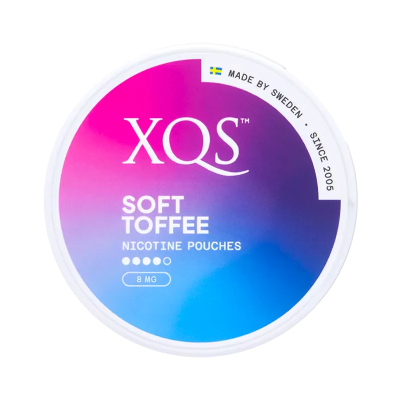 Front view of XQS Soft Toffee Strong nicotine pouch - 8mg strength with sweet caramel flavor.