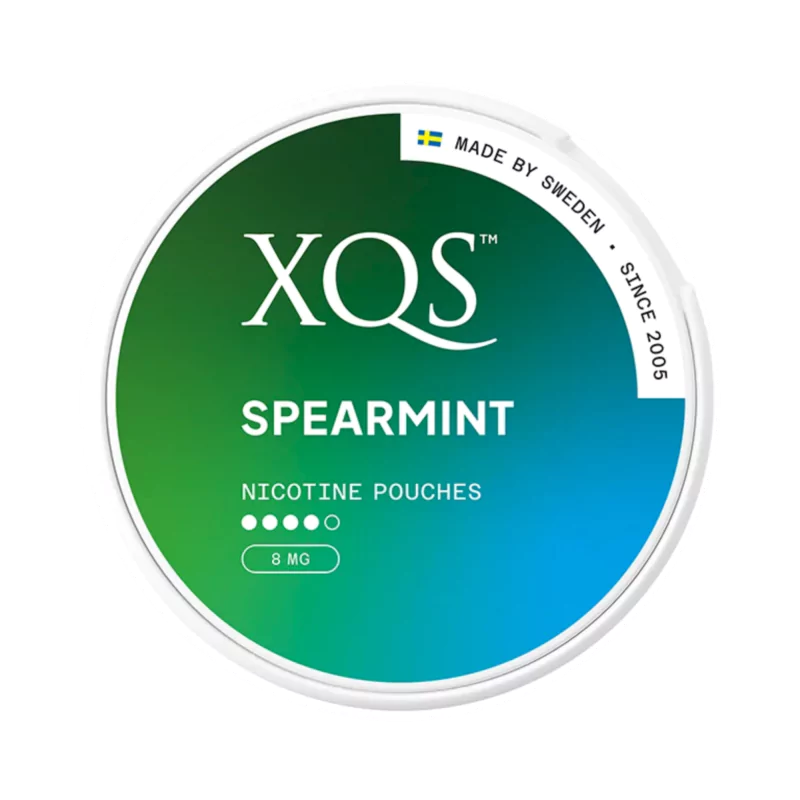 Front view of XQS Spearmint Strong nicotine pouch - 8mg strength with cooling spearmint flavor.