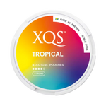 Front view of XQS Tropical nicotine pouch - 8mg strength with sweet mixed tropical fruit flavor, passion fruit and mango
