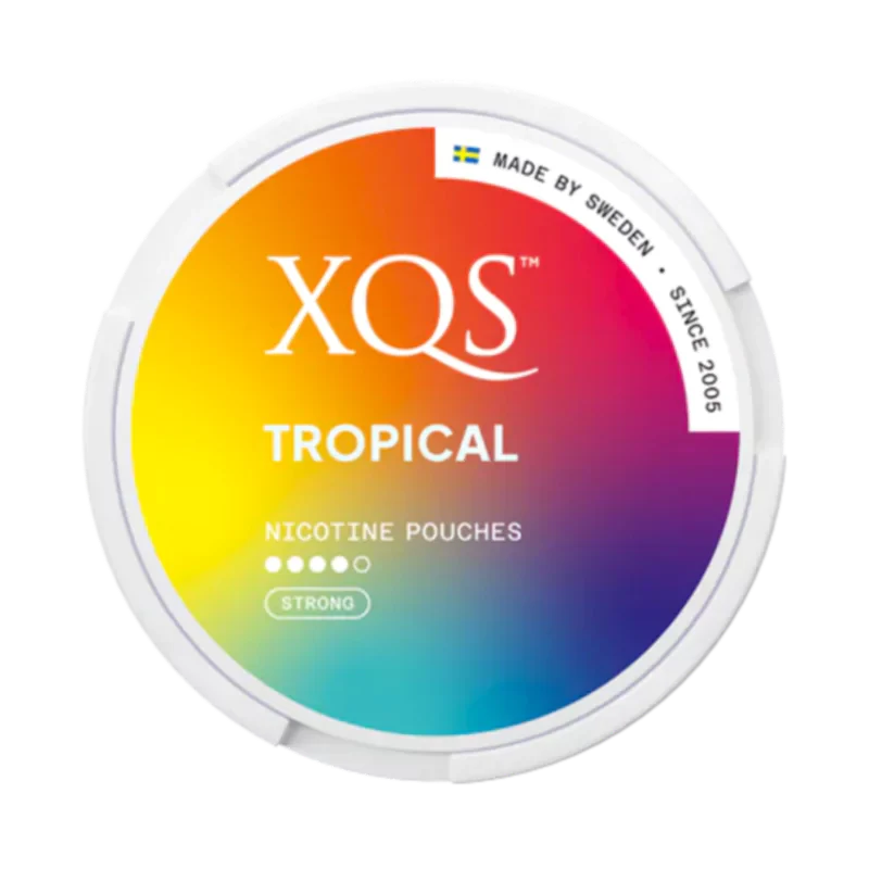 Front view of XQS Tropical nicotine pouch - 8mg strength with sweet mixed tropical fruit flavor, passion fruit and mango