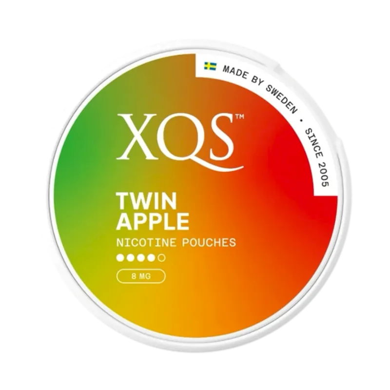 Front view of XQS Twin Apple nicotine pouch - 8mg strength with sweet and sour mixed of red apple and green apple flavor.
