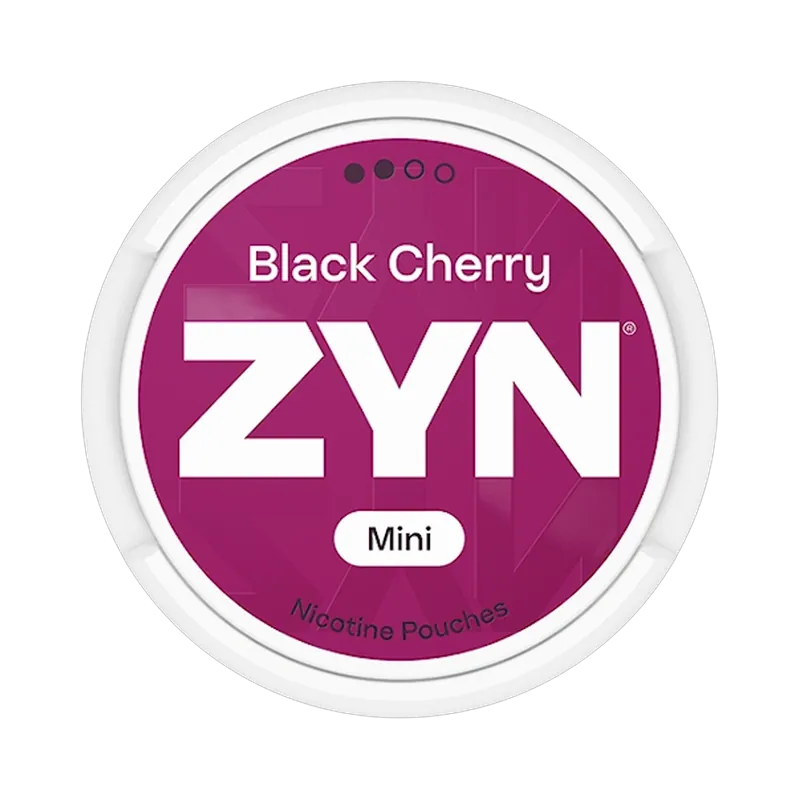 Front view of ZYN Black Cherry Mini Dry nicotine pouch – 3mg strength with bold cherry flavor.
