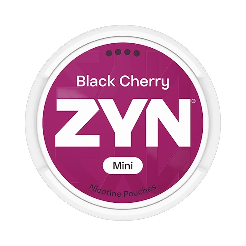 Front view of ZYN Black Cherry Mini Dry nicotine pouch – extra strong with rich cherry flavor.