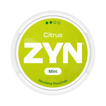 Front view of ZYN Citrus Mini nicotine pouch - Low strength with zesty citrus flavor.
