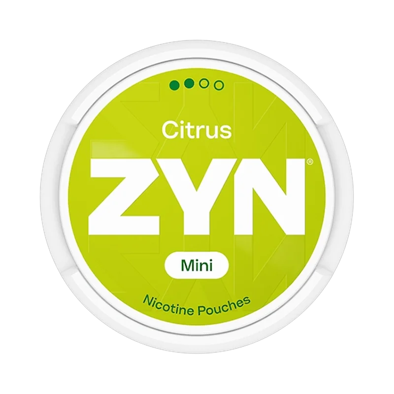 Front view of ZYN Citrus Mini nicotine pouch – Low strength with zesty citrus flavor.