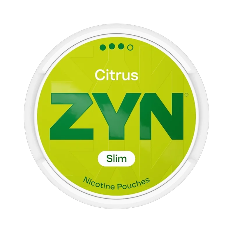 Front view of ZYN Citrus Slim Strong nicotine pouch – Strong strength with zesty citrus flavor.
