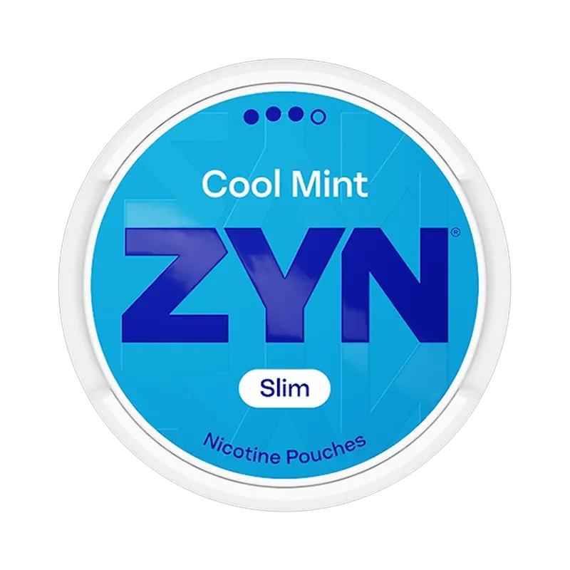 Front view of ZYN Cool Mint Slim Strong 
nicotine pouch – Mini with cool mint flavor.