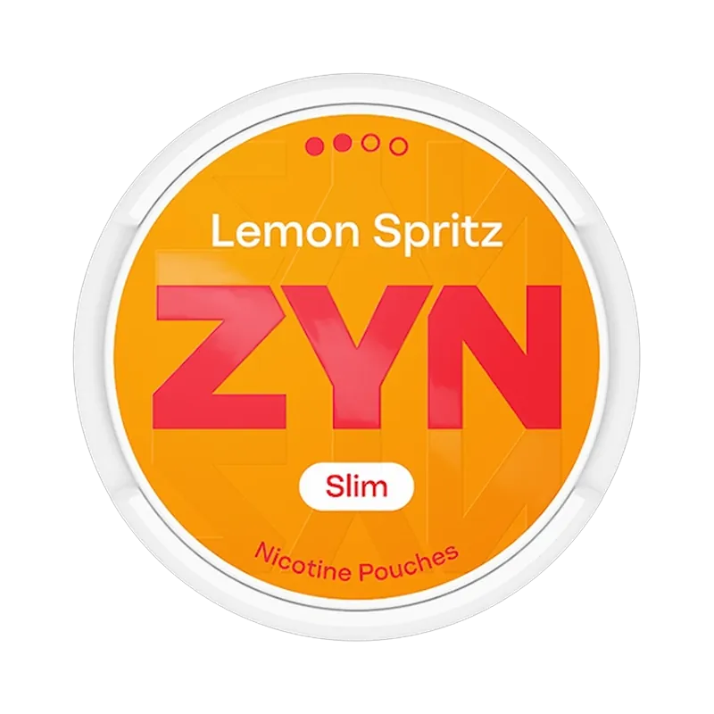 Front view of ZYN Lemon Spritz Slim nicotine pouch - citrusy lemon flavor with refreshing finish.