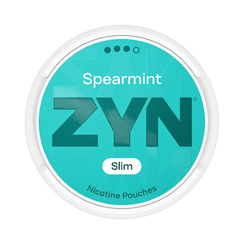 Front view of ZYN Spearmint Slim nicotine pouch – strong strength with crisp spearmint flavor.